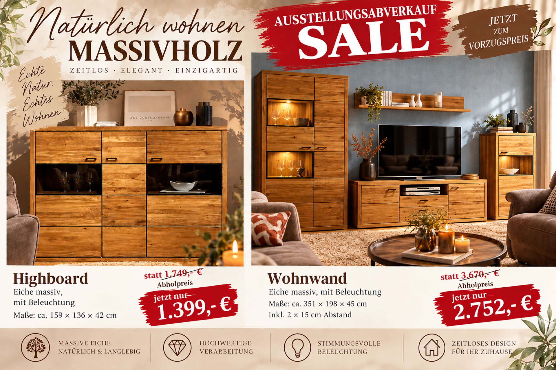 Highboard Mona in Eiche massiv geölt